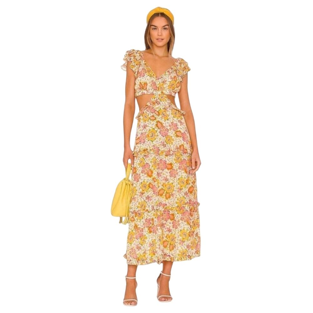 Cleobella Clara Ankle Dress Lucia Floral Print Size XS Midi Yellow Boho Ruffle